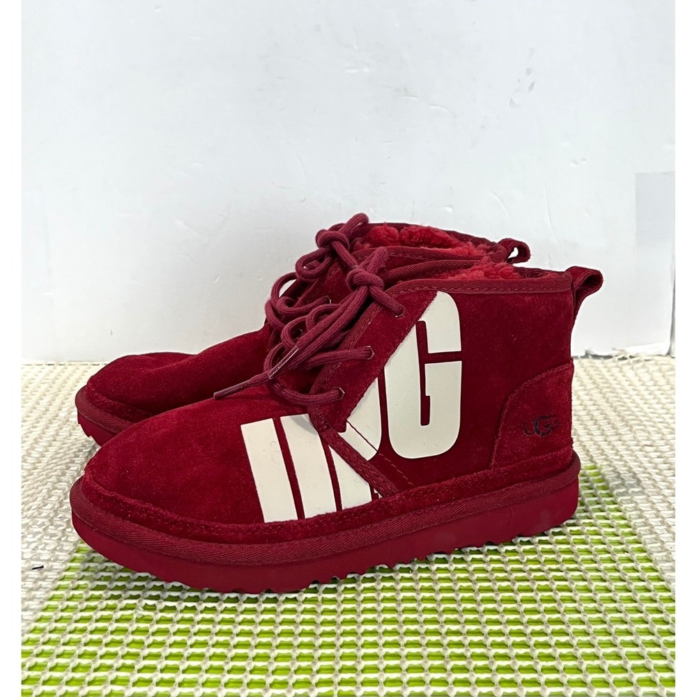 UGG Neumel Graphic Samba Lace Up Boots Kids Size 4 Red Suede 1129054K EUC